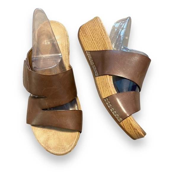 Dansko Lacee Wedges Leather cutout slide Strappy platform taupe size 38/US 7.5-8 - Picture 1 of 14